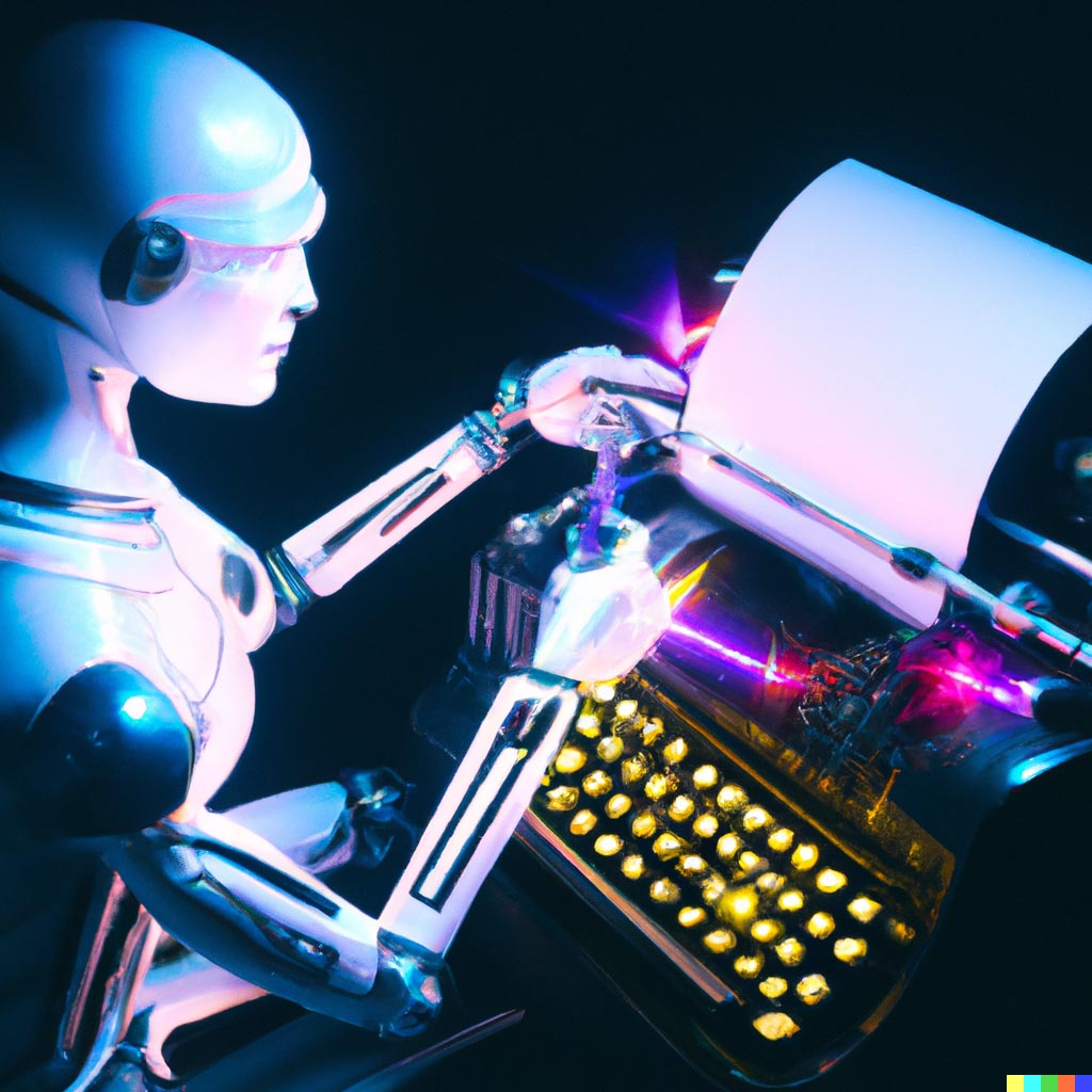 DALL·E prompt: Bright robot cyborg typing on a typewriter, neon lighting
